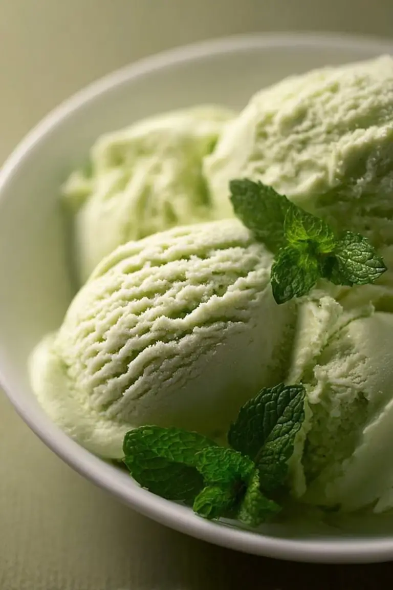 Close-up of fresh mint ice cream garnished with mint leaves and a scoop on a spoon.