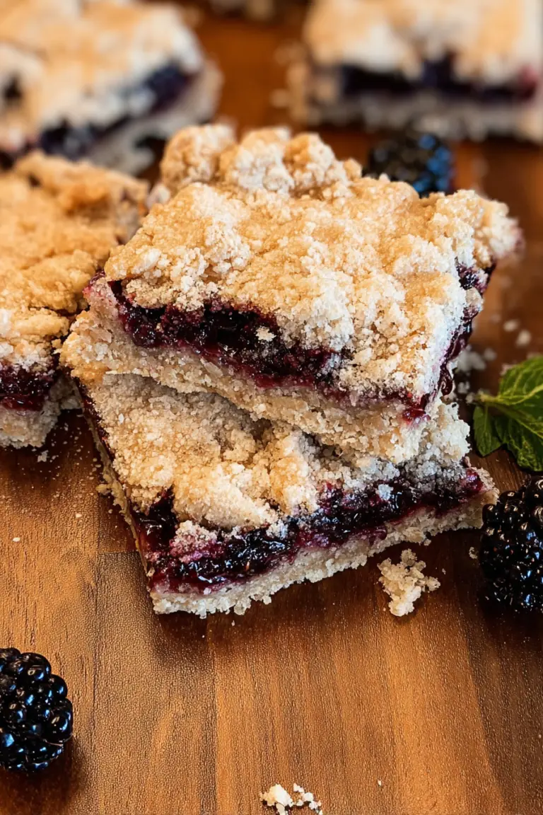 Delicious sliced mulberry crumble bars served on a wooden table with fresh mulberries.