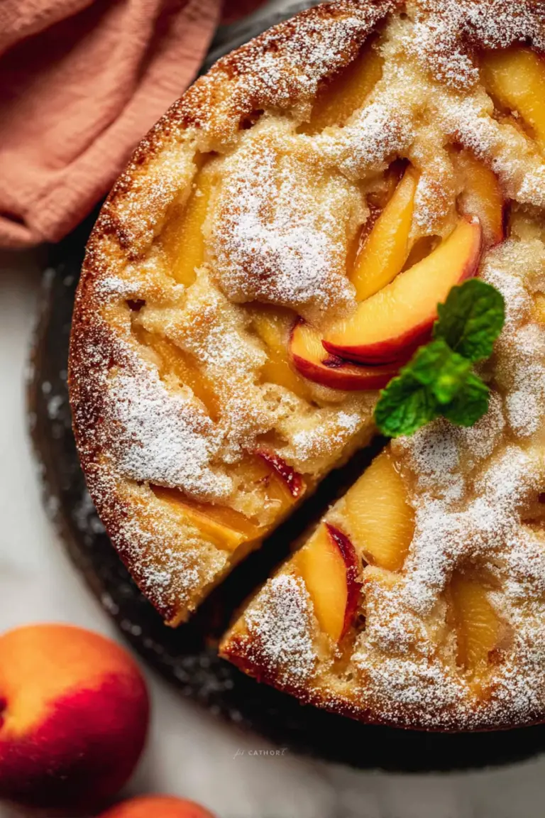 Fresh peach cake with layers of peaches, dusted with powdered sugar, on a wooden table with fresh peaches beside it.