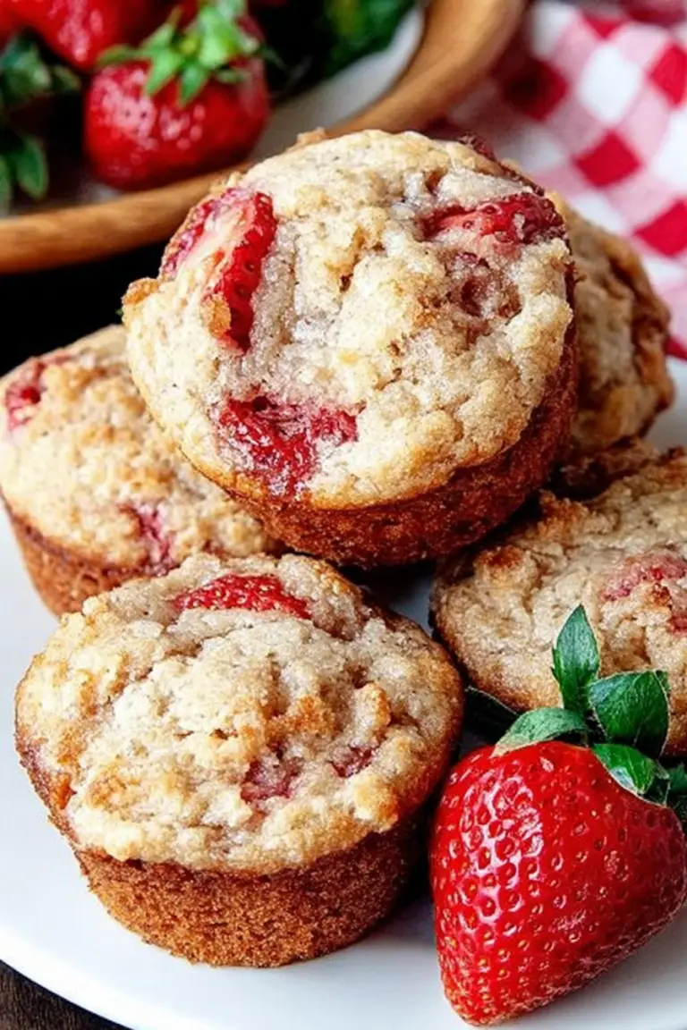Close-up of a freshly baked fresh strawberry muffin with powdered sugar and fresh strawberries.
