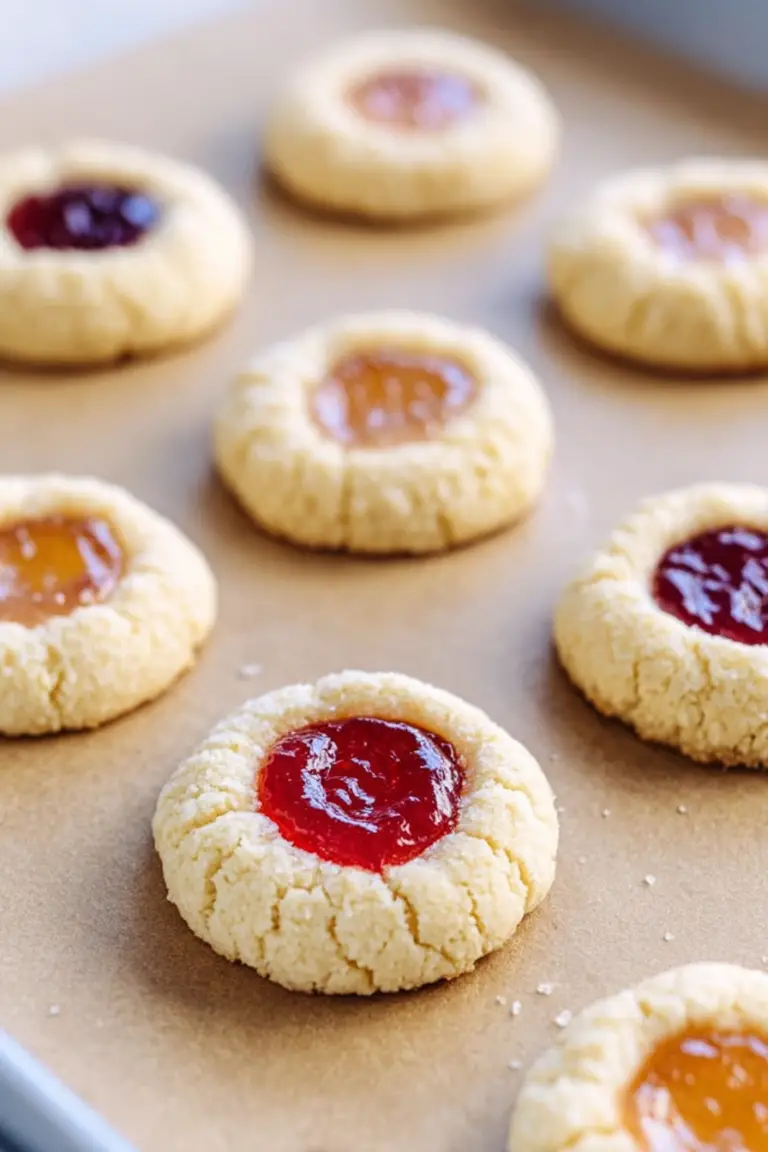 Freshly baked thumbprint cookies with apricot jam filling on a rustic wooden background.