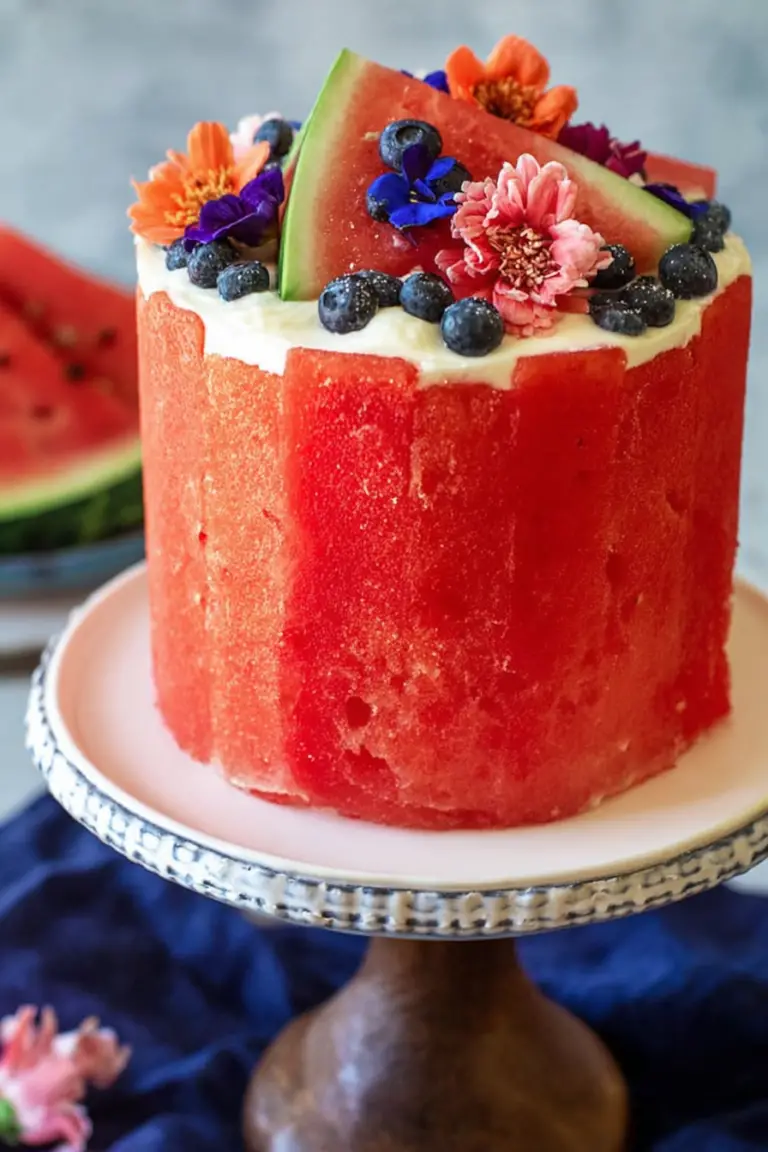 Fresh watermelon cake decorated with whipped cream and summer berries on a wooden table.