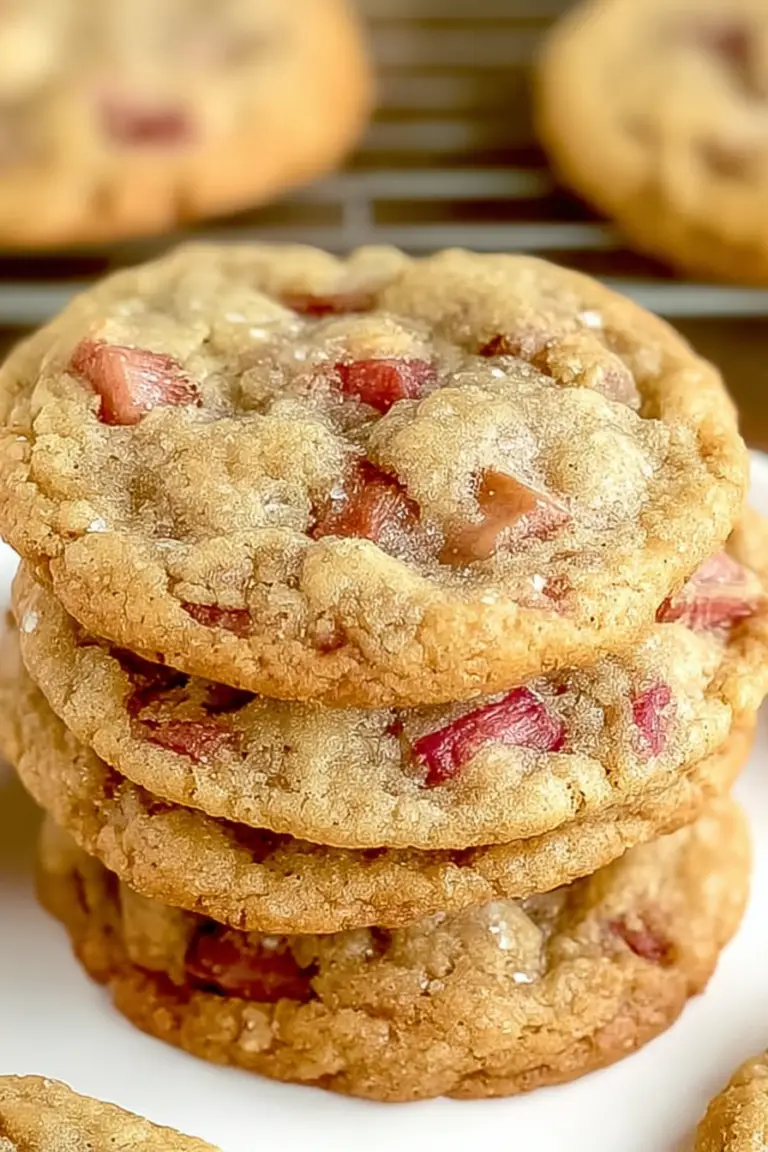Close-up of freshly baked rhubarb cookies with a chewy texture and bits of rhubarb on a cooling rack.
