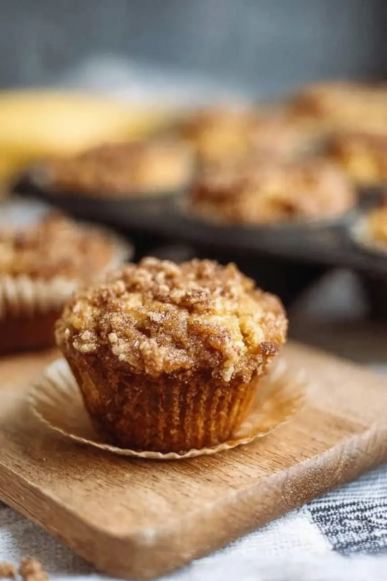Freshly baked sourdough banana muffins with oat crumble on a wooden board.