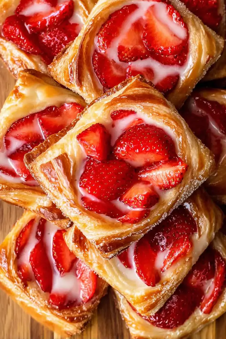 Freshly baked strawberry danishes with strawberry jam and powdered sugar on a wooden table.