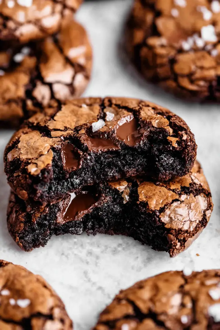 Close-up of fudgy chewy browkies stacked on a wooden table with sea salt and coffee.