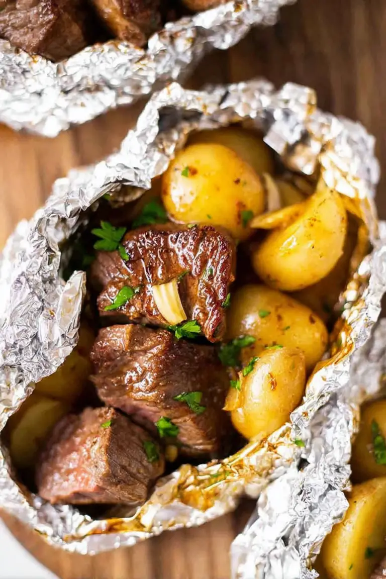 Delicious garlic butter steak and potato foil packet, ready to serve with steam rising.