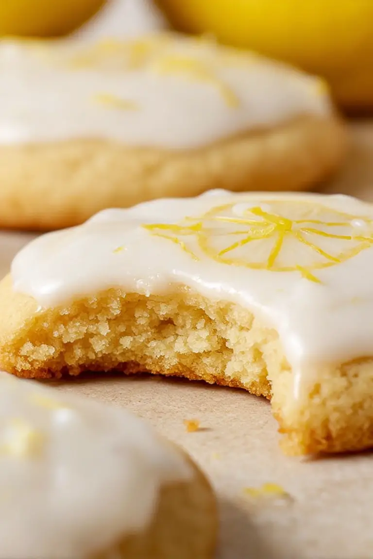 Close-up of glazed lemon cookies on a plate with lemon slices and zest, highlighting their shiny glaze and inviting appearance.