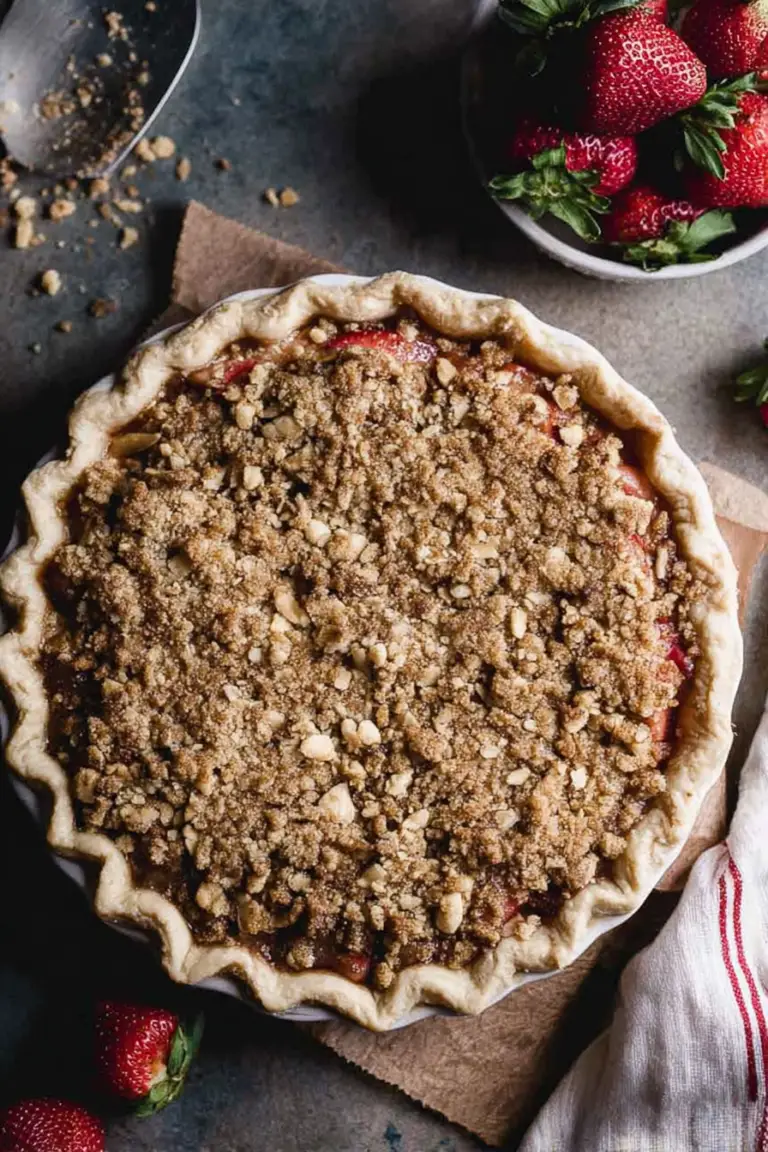 Slice of gluten-free strawberry rhubarb pie with fresh strawberries and rhubarb on a wooden table