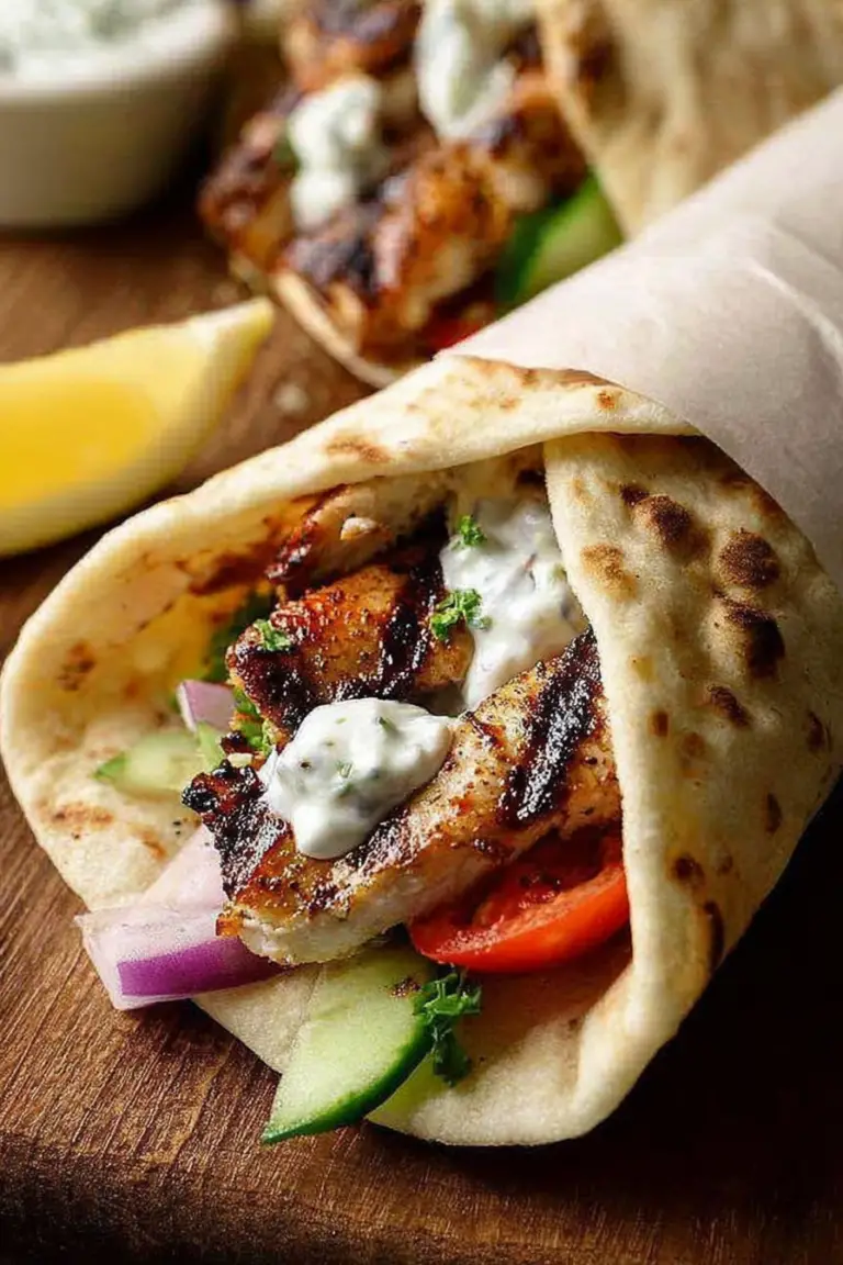 Delicious Greek chicken gyros topped with tzatziki sauce, served with pita bread and fresh vegetables on a wooden table.