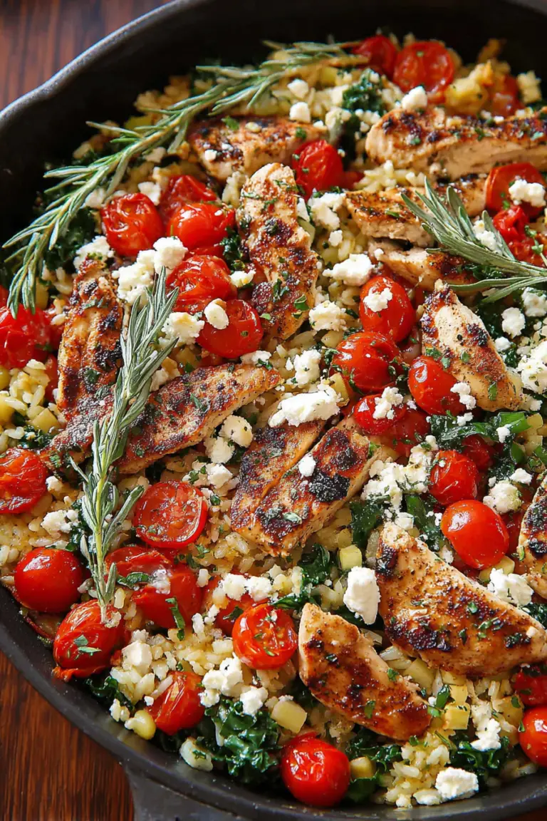 Bowl of Greek chicken with lemon rice, topped with feta cheese and garnished with fresh oregano.