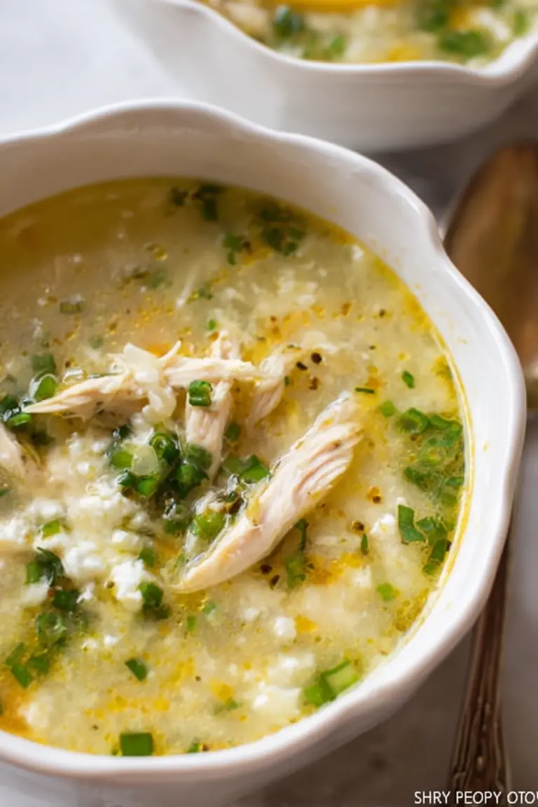 Bowl of Greek lemon chicken soup with chives and feta cheese garnish