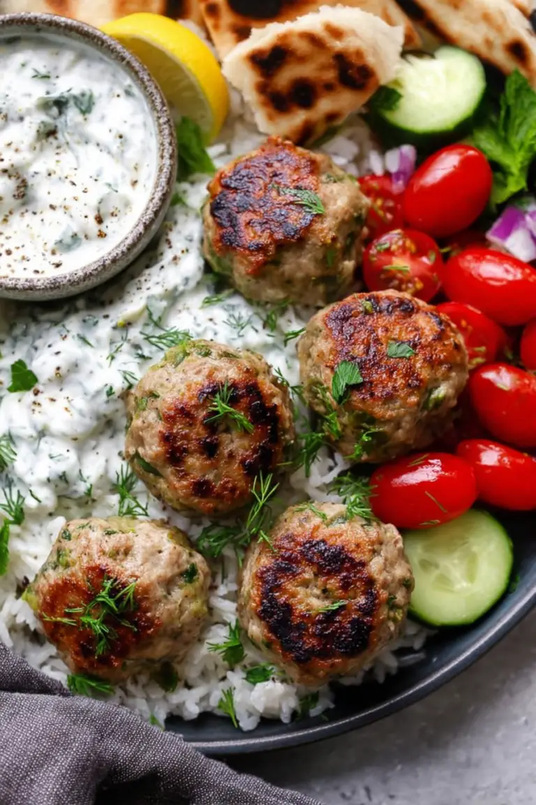 Delicious Greek turkey meatballs served with tzatziki sauce and lemon wedges on a wooden surface.