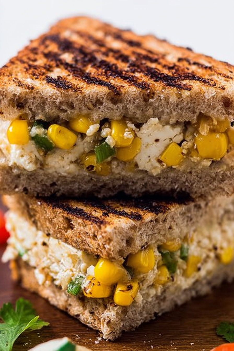 Grilled cheese paneer and corn sandwich served with tomato ketchup on the side.