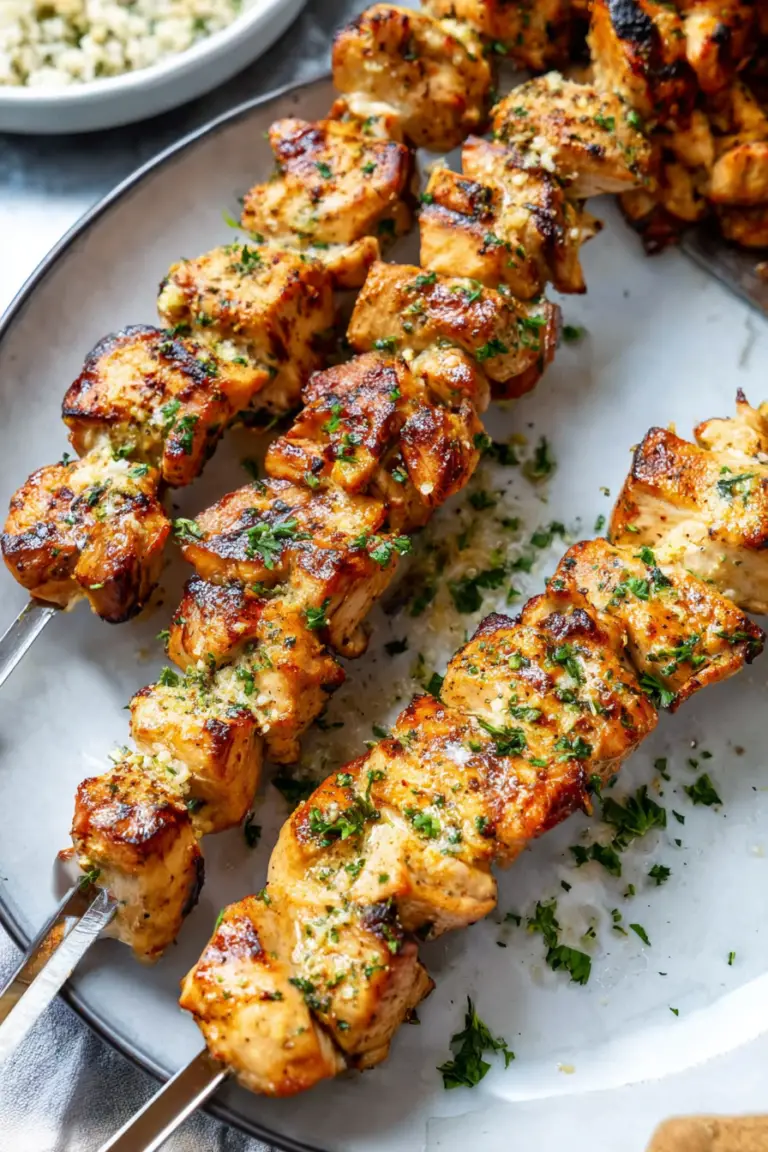 Grilled garlic parmesan chicken skewers with garlic butter and fresh herbs on a wooden board.