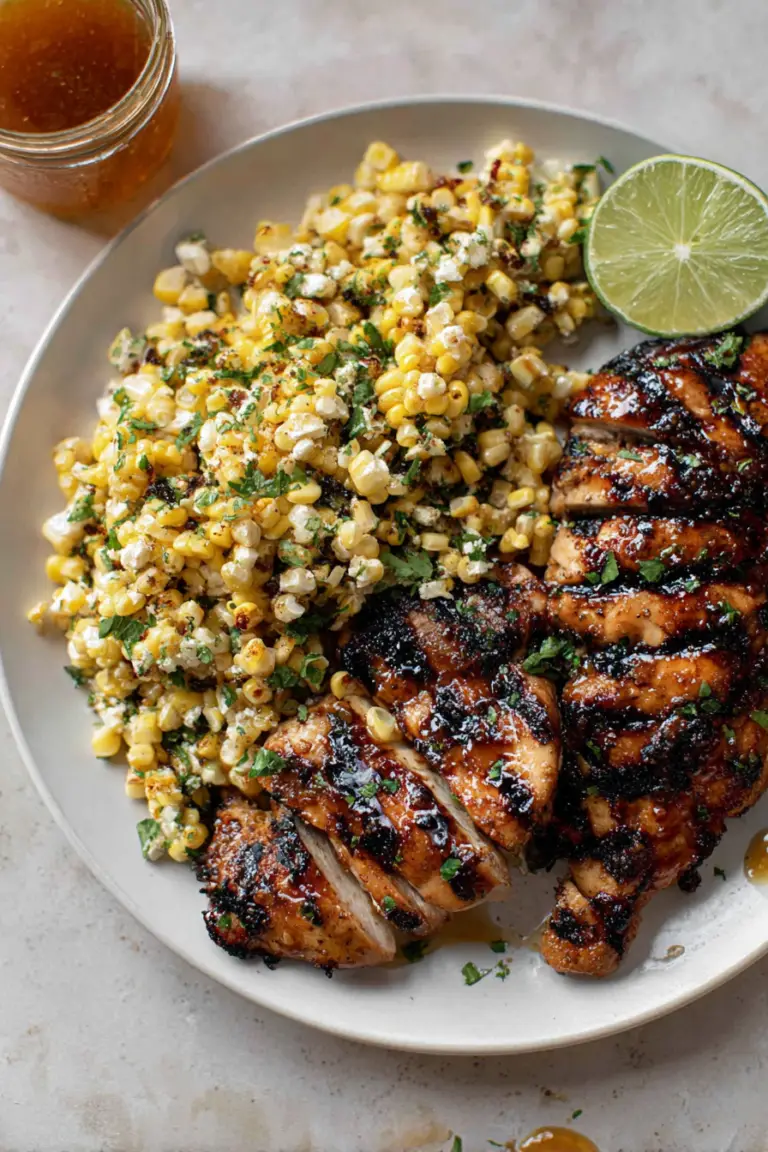 Grilled hot honey chicken garnished with herbs, showcasing a caramelized glaze from the hot honey.