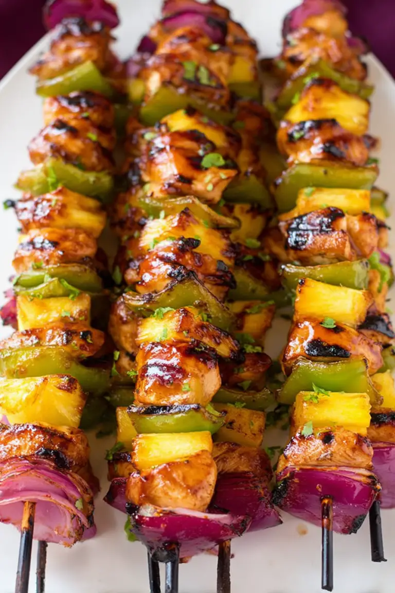 Delicious Hawaiian chicken kebabs with pineapple and colorful bell peppers grilled to perfection.