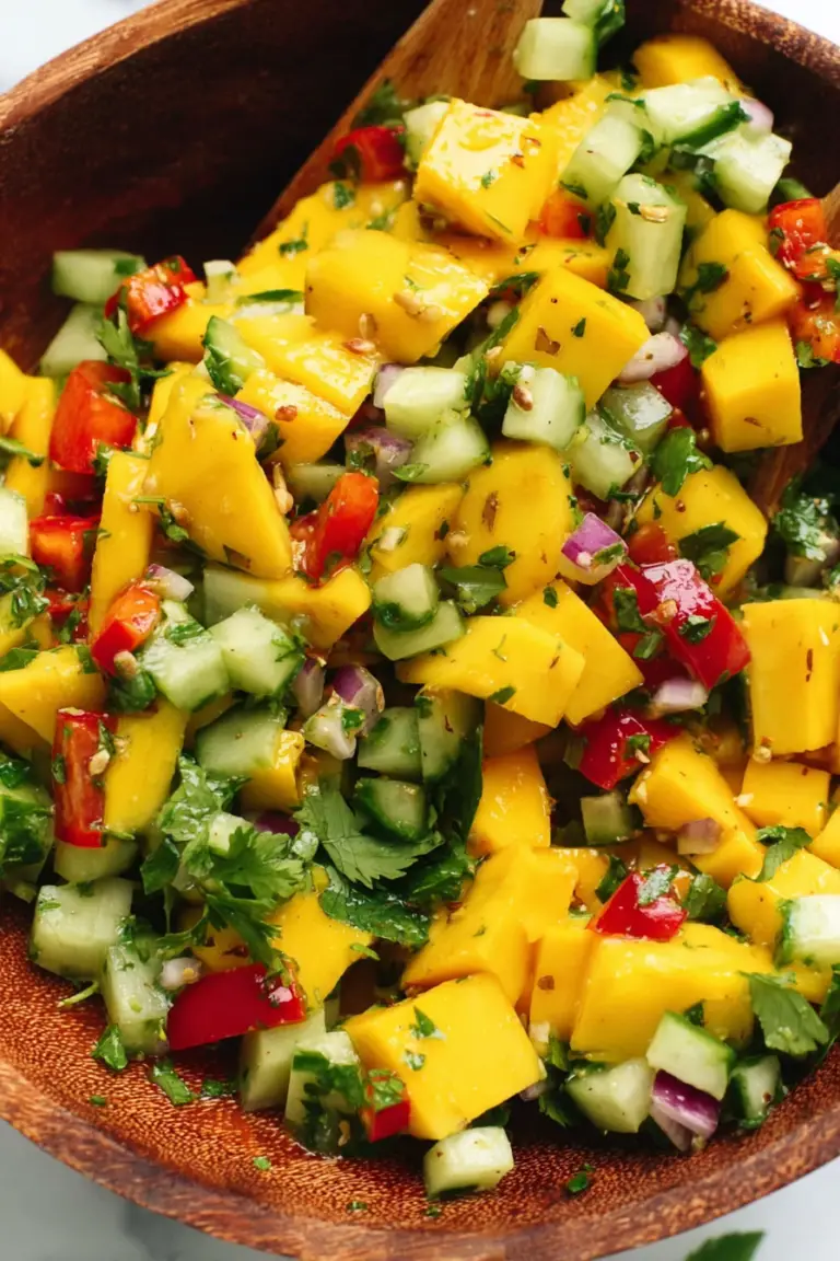 A colorful healthy mango salad with chopped mango, avocado, cucumber, red onion, and coriander in a bowl.