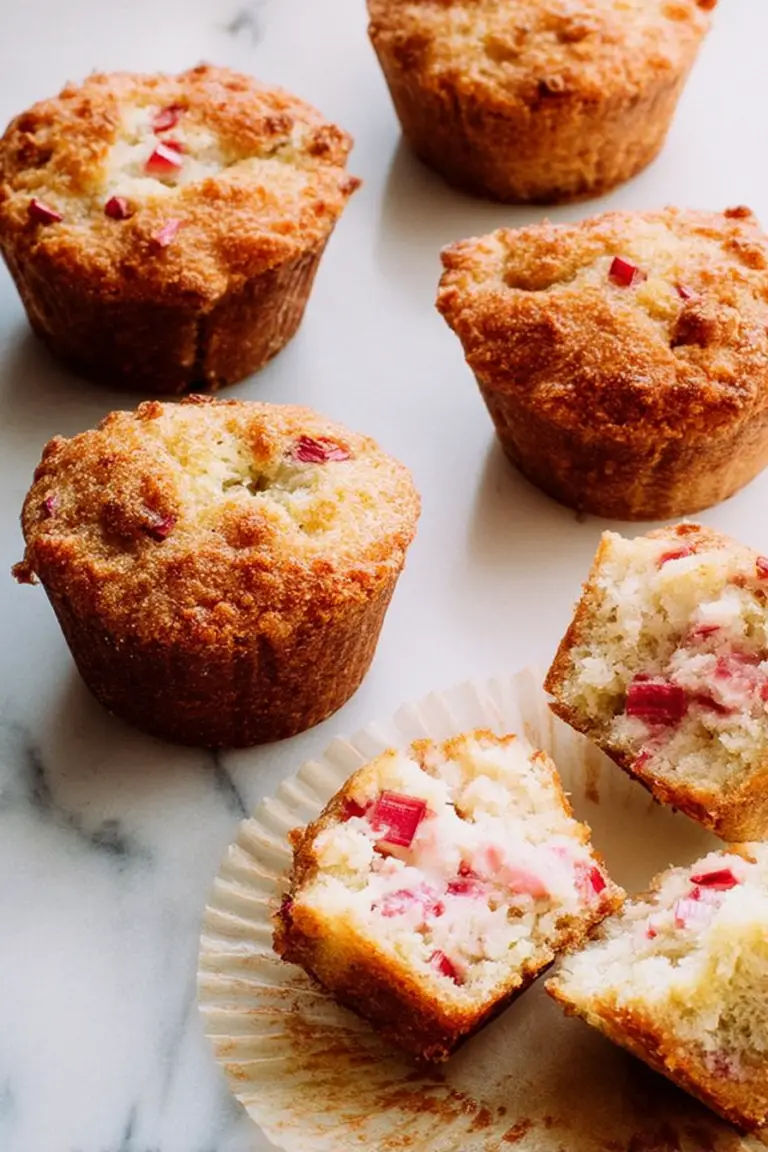 Close-up of a healthy rhubarb muffin with a bite taken out, showcasing its fluffy texture and surrounded by fresh rhubarb stalks.