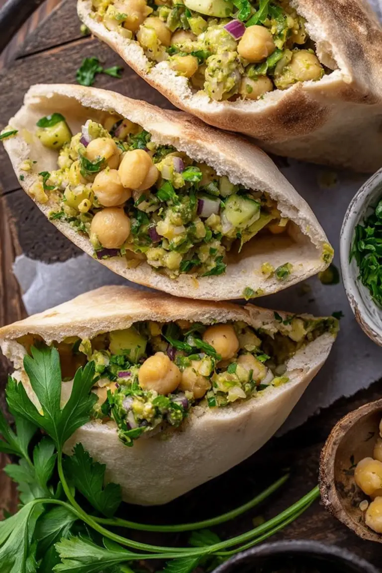 Herb smashed chickpea salad stuffed in warm pitas with fresh herbs on a wooden table.