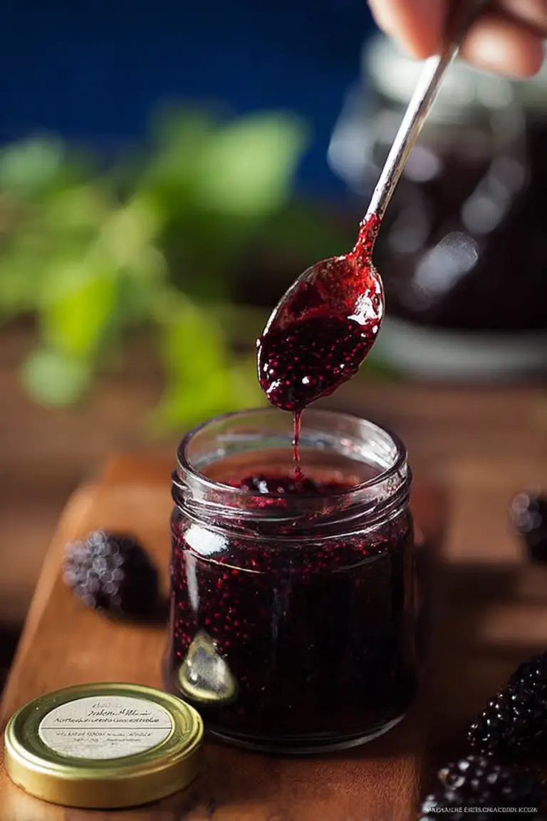 Jar of homemade mulberry jam with fresh mulberries and bread