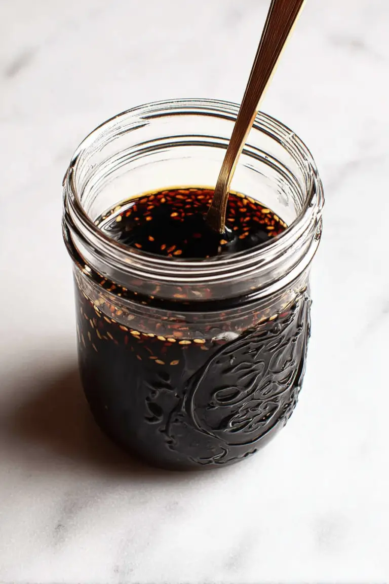 Close-up of homemade teriyaki sauce in a bowl with garlic, ginger, and soy sauce ingredients