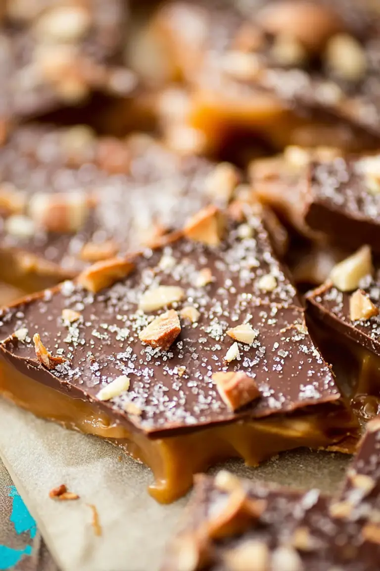 Close-up of delicious homemade toffee topped with chocolate, almonds, and sea salt.