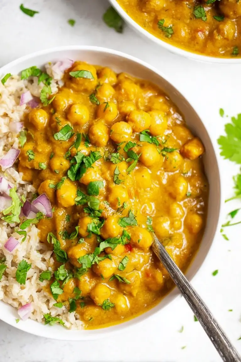 Creamy coconut chickpea curry in a bowl with cilantro garnish and brown rice on the side.