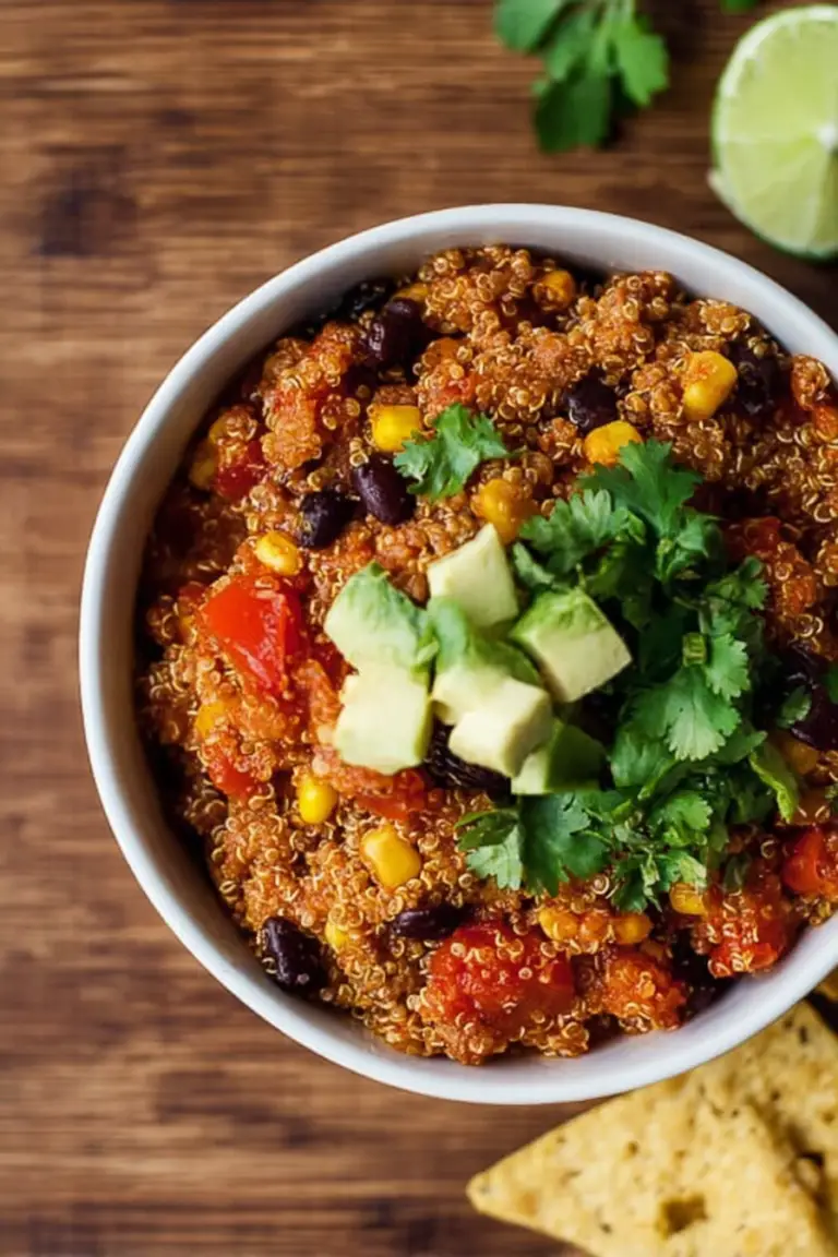 A colorful bowl of Instant Pot Mexican Quinoa with avocado, cilantro, and tortilla chips