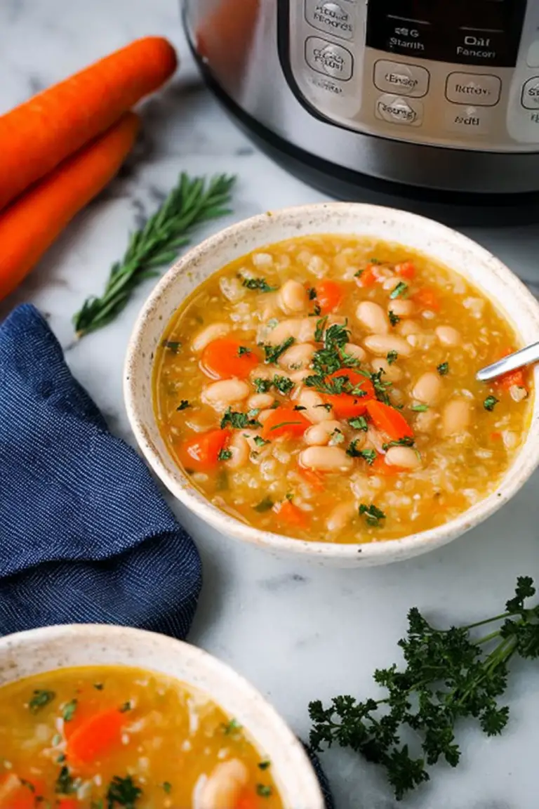 Bowl of instant pot white bean soup garnished with rosemary and accompanied by sliced bread