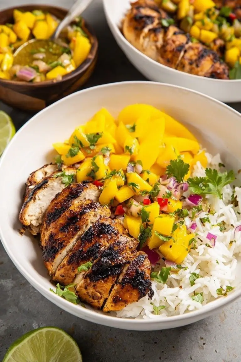 Jerk chicken bowl with mango salsa, coconut rice, and a lime wedge on a rustic table.