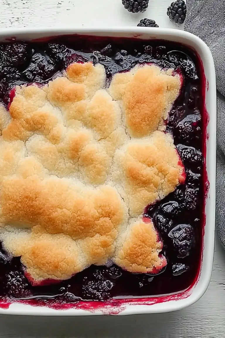 Warm juicy mulberry cobbler in a cast iron pan with vanilla ice cream on top.