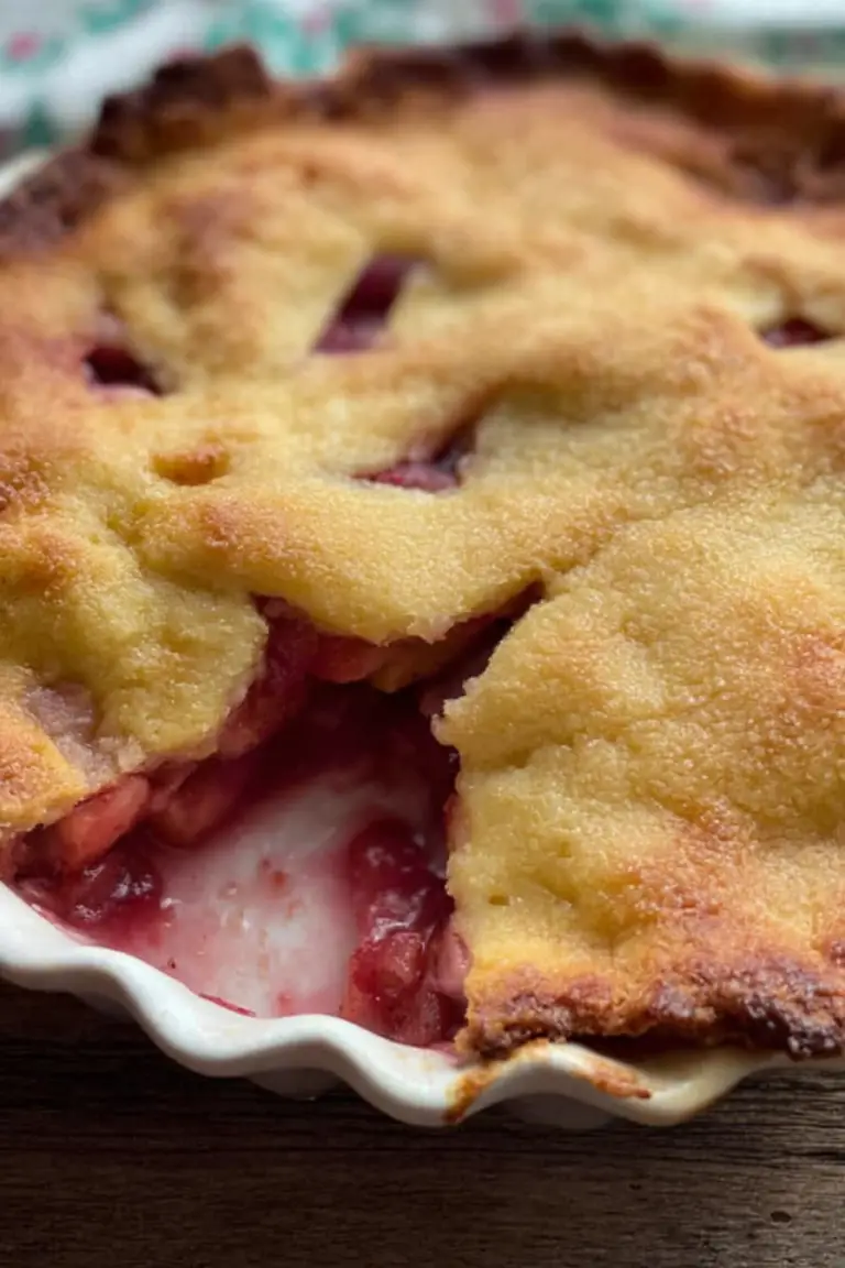 Close-up of a keto strawberry rhubarb pie with a golden flaky crust and fresh strawberries and rhubarb filling.