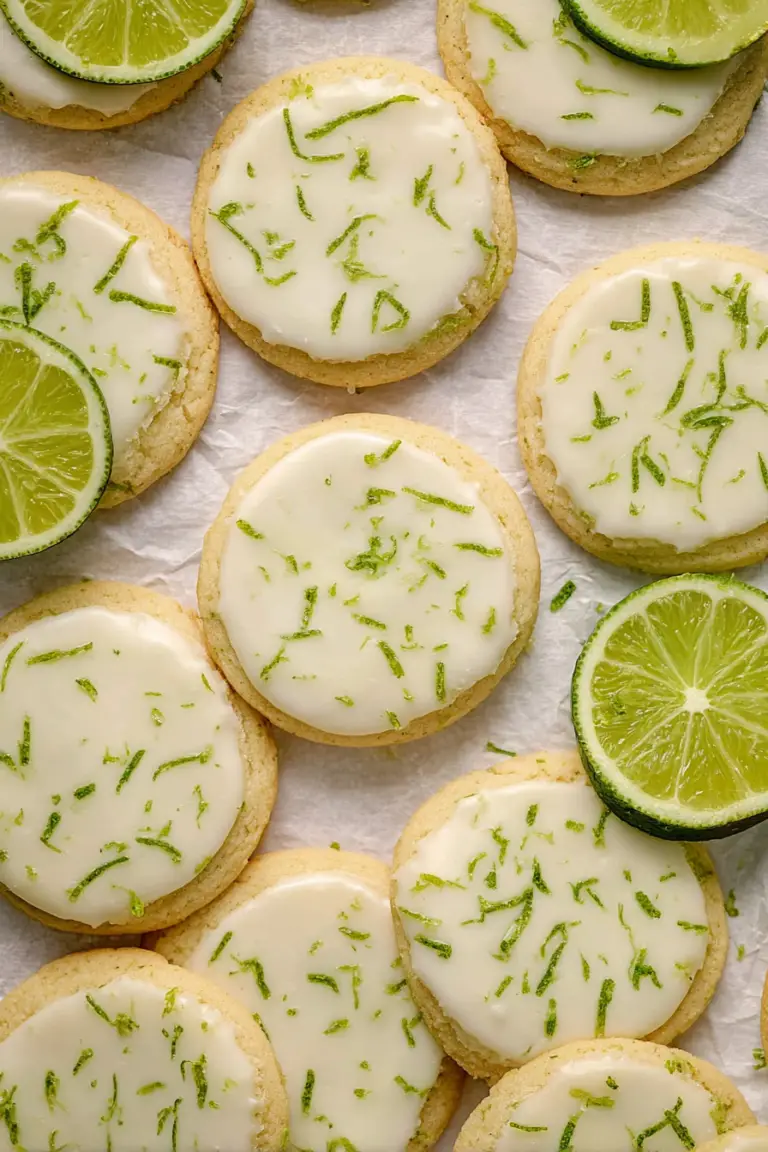 Plate of soft chewy key lime cookies with a key lime glaze and fresh lime slices.