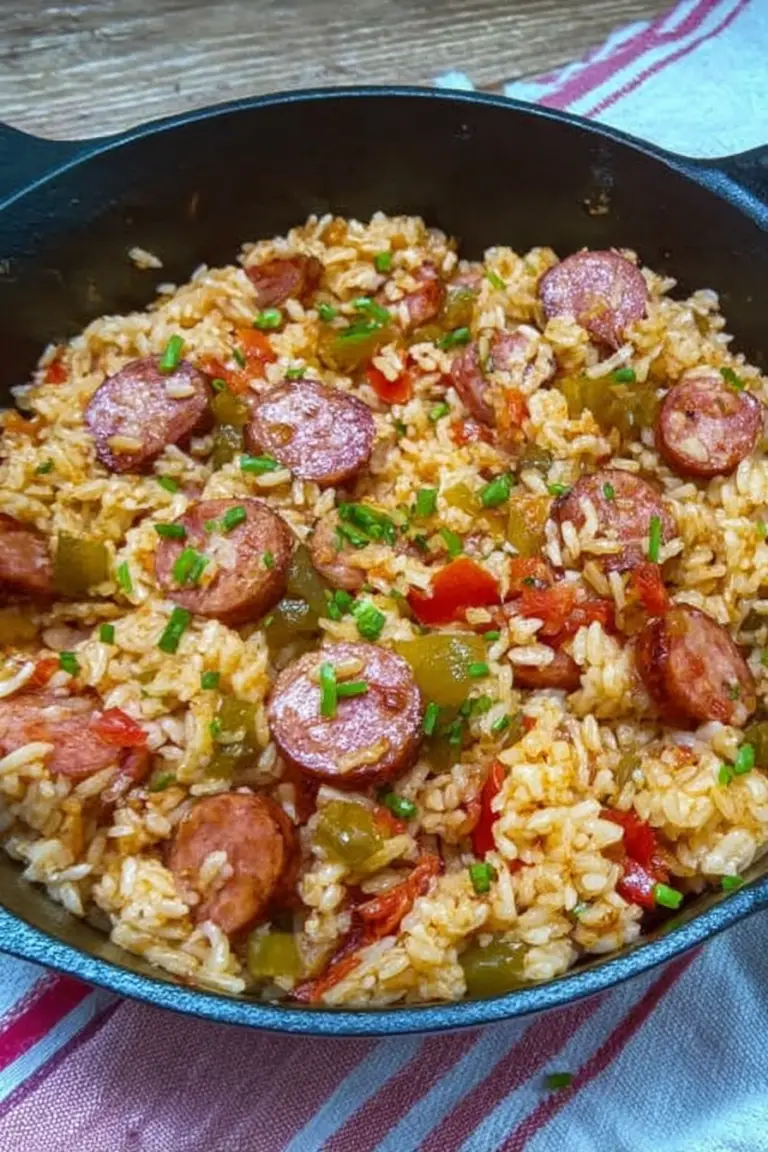 A serving of Kielbasa and Rice garnished with parsley, highlighting the vibrant ingredients including green peppers, onions, and tomatoes.