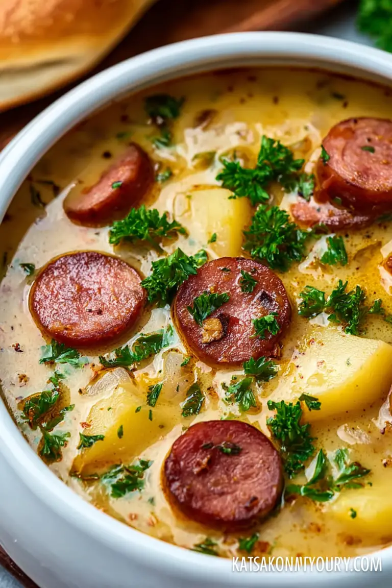 A warm bowl of kielbasa potato soup with parsley garnish on a wooden table.