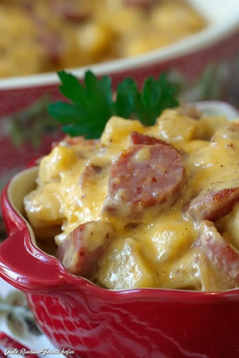 Delicious kielbasa sausage cheesy potato casserole with melted cheese and herbs in a baking dish.