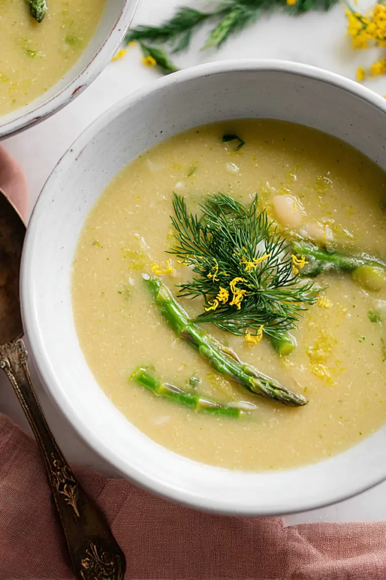 Bowl of lemon asparagus white bean soup garnished with lemon zest and dill, alongside crusty bread.