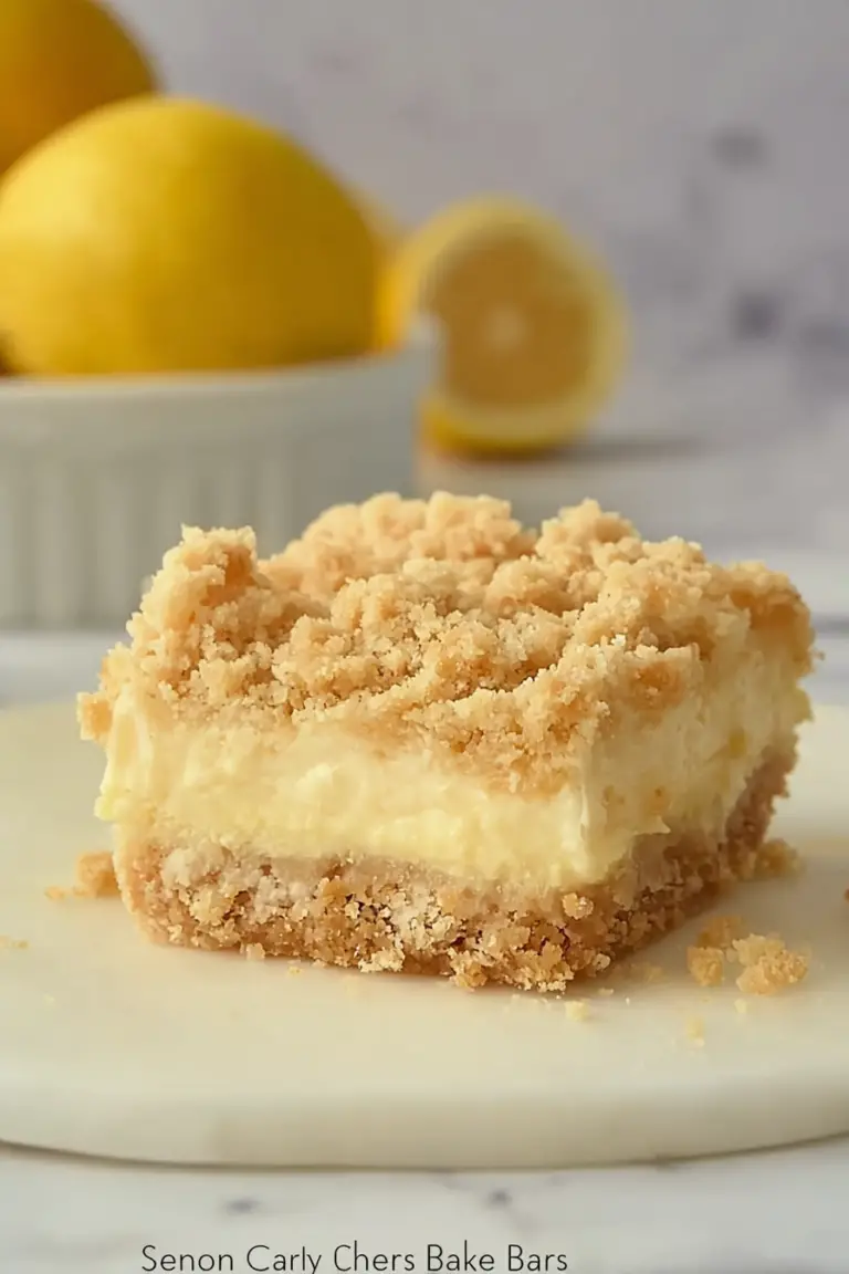 Sliced lemon cheesecake crumb bars on a wooden board with lemon slices and mint.
