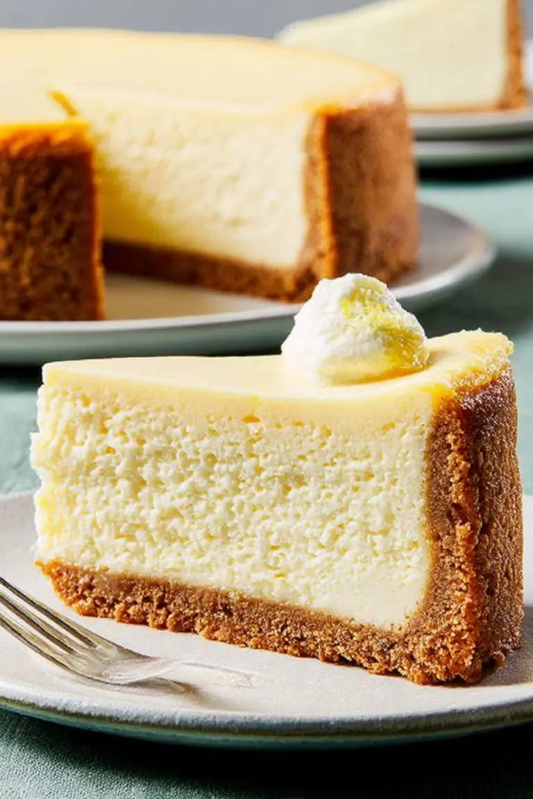 Slice of lemon cheesecake garnished with lemon slices and mint on a white plate, with bright spring colors in the background.