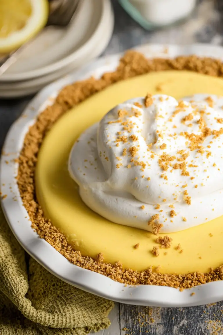 Slice of lemon icebox pie with whipped cream and lemon slices on a plate.