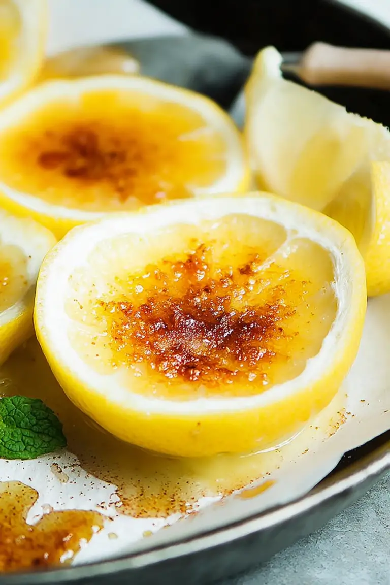 Lemon posset brûlée served in lemon halves, garnished with mint and fresh berries.
