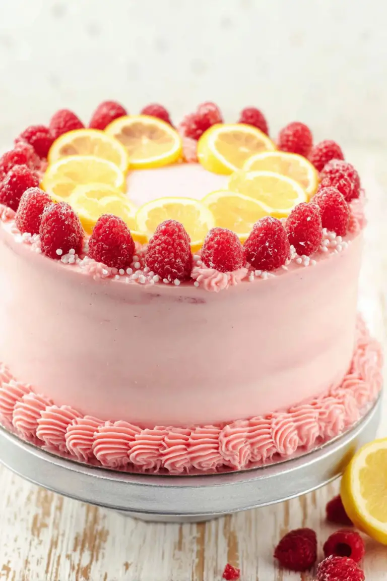 A beautiful close-up of a lemon raspberry layer cake with raspberry frosting, lemon slices, and flowers, perfect for summer desserts.