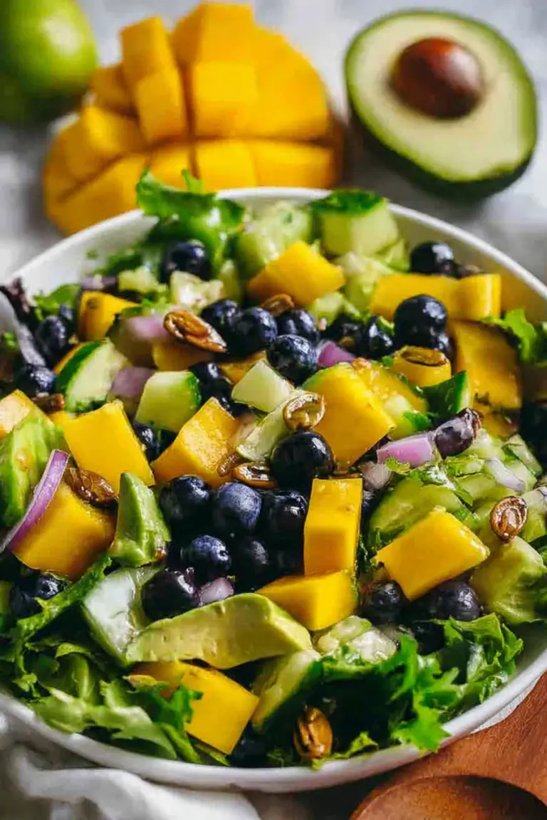 Mango cucumber salad with avocado and blueberries, garnished with cilantro on a wooden table.