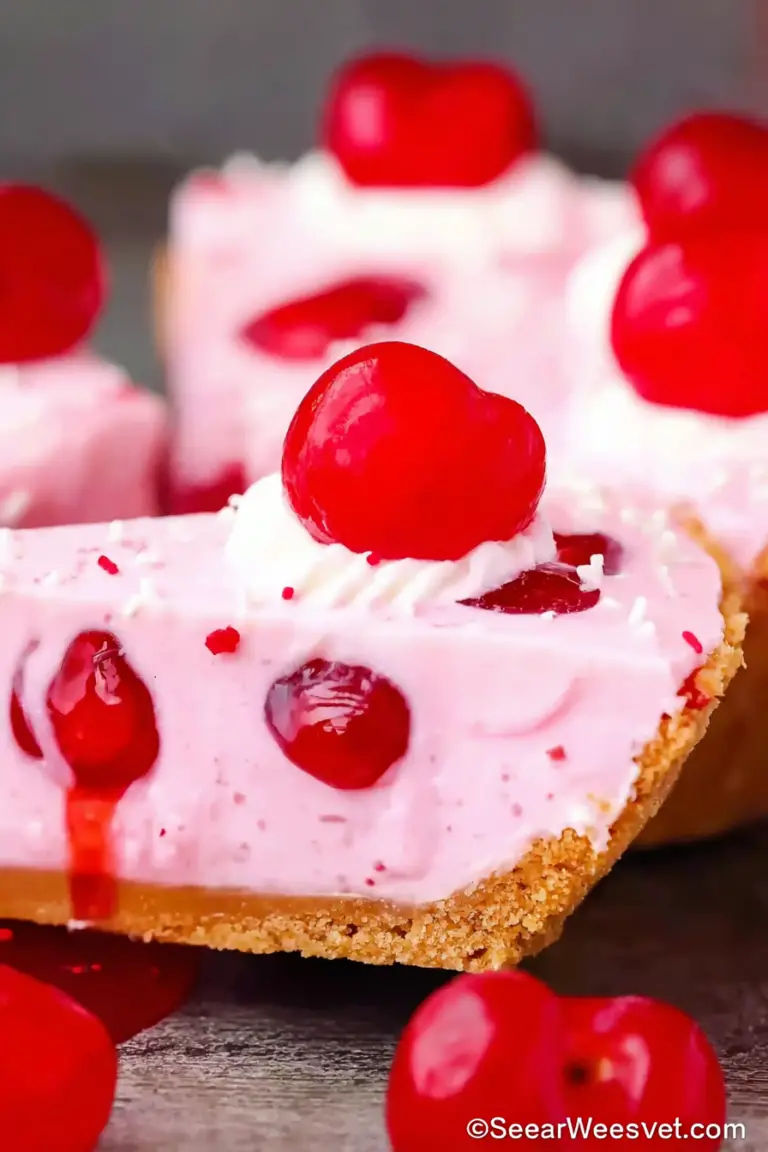 Slice of Maraschino Cherry Pie topped with cherries and whipped cream on a rustic table.