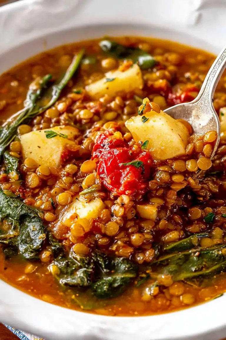 A warm bowl of Mediterranean lentil soup with crusty bread, displaying rich colors and textures, perfect for a hearty meal.
