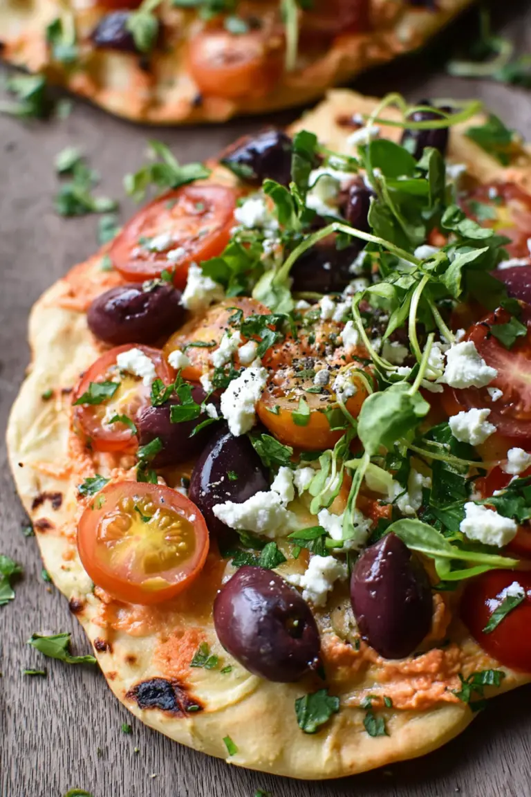 Close-up view of Mediterranean Naan Bread Pizza with olives, artichokes, and feta cheese.