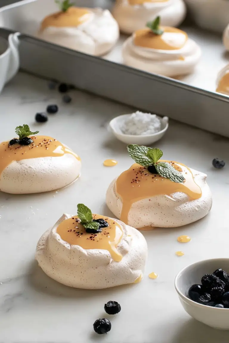 Meringues topped with citrus curd and fresh berries on a wooden table, garnished with mint leaves.