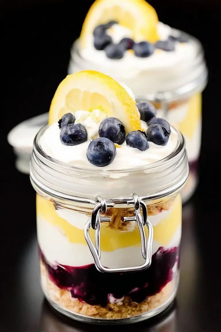Layered Meyer lemon and blueberry parfait in a clear glass jar with lemon curd, blueberry compote, Nilla wafers, and Cool Whip.