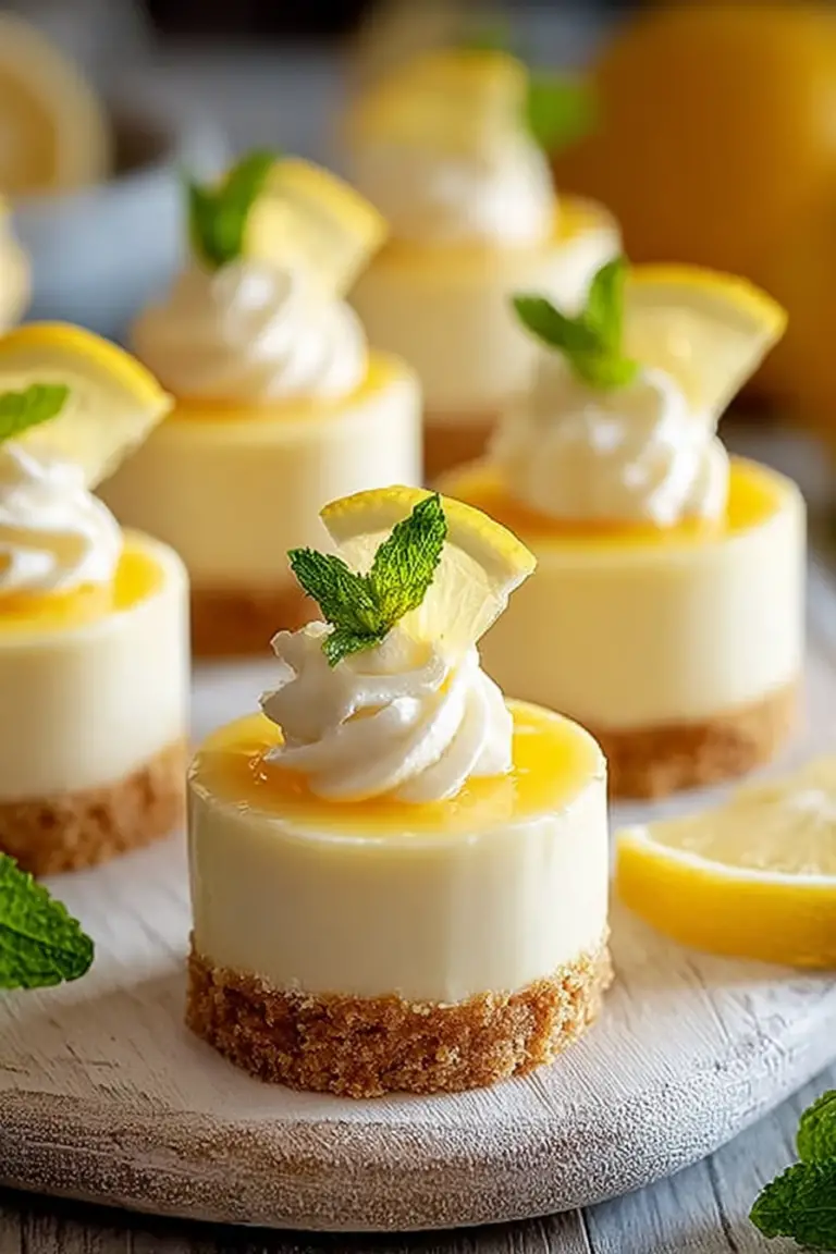 Close-up of mini lemon cheesecakes garnished with lemon slices and mint leaves on a decorative plate.